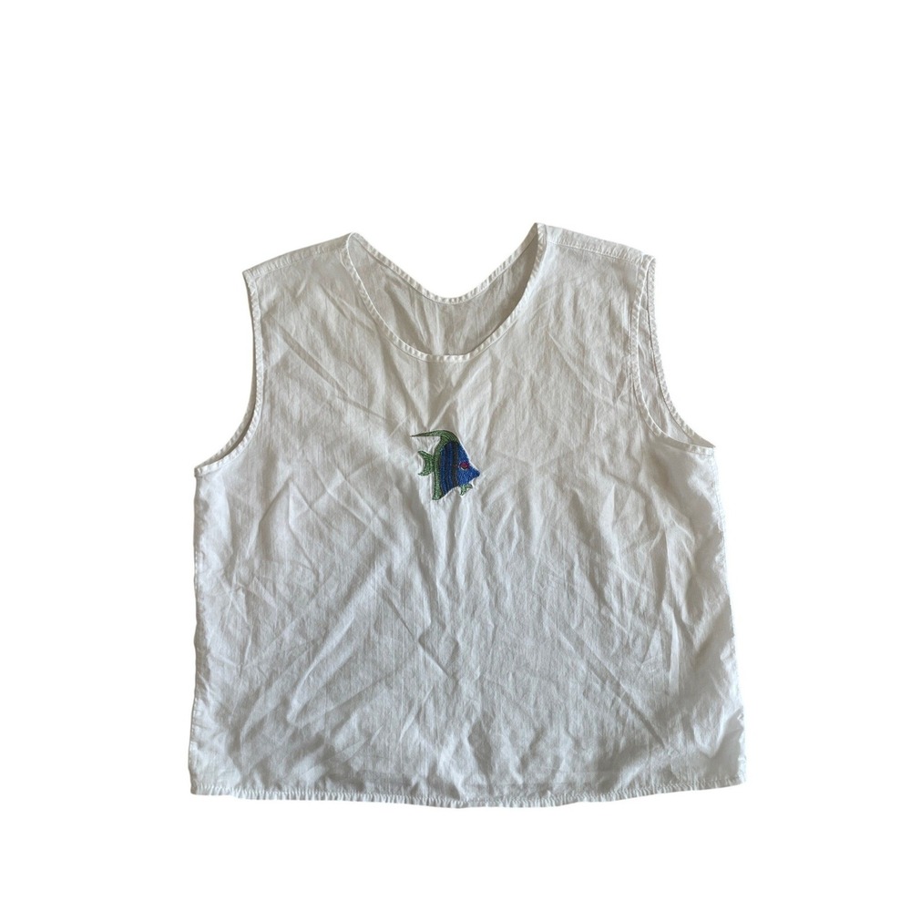Vintage White Cotton Embroidered Fish Tank Top Sleeveless Boxy Blouse Size S